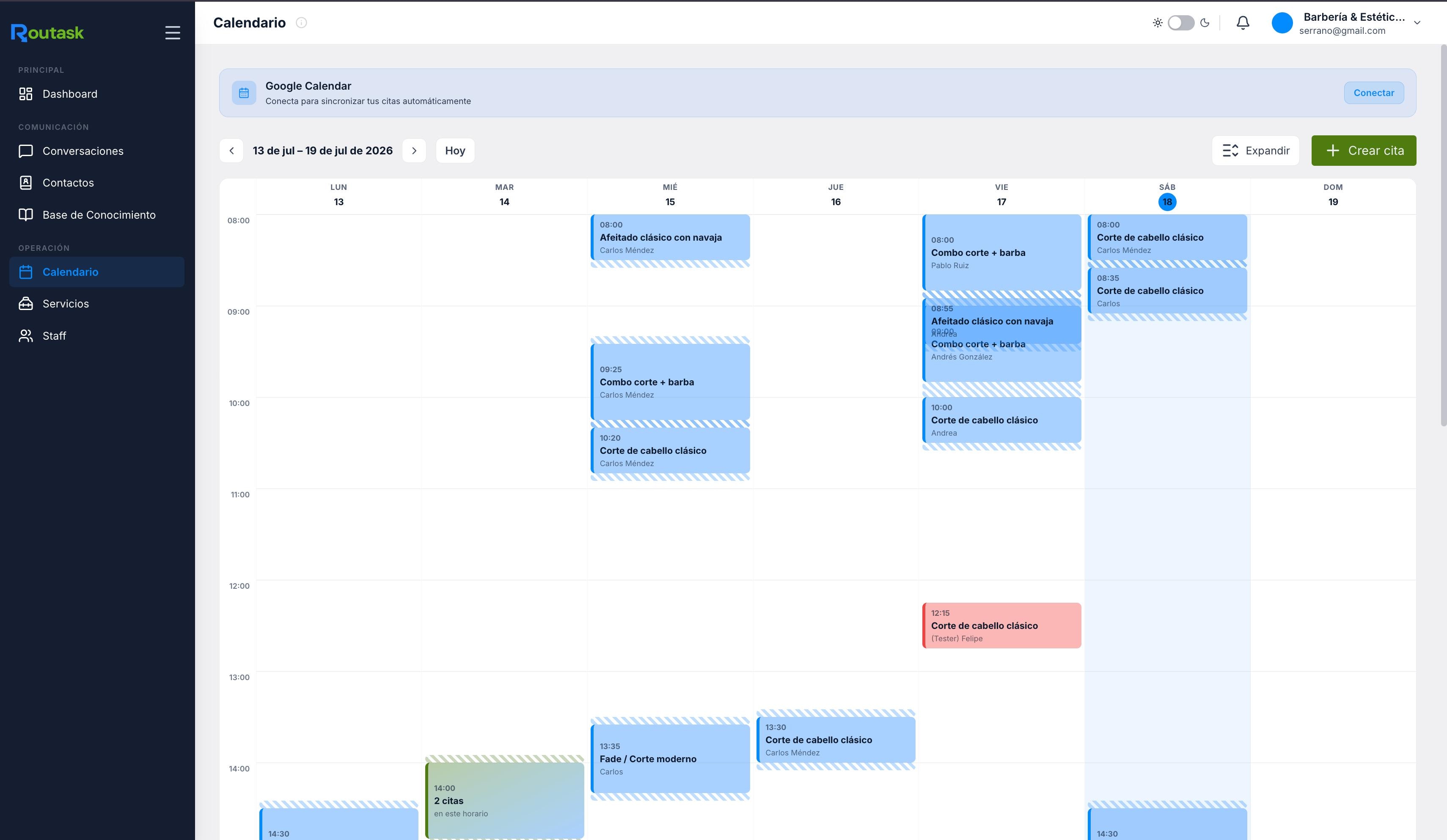 Calendario semanal de Routask con las citas agendadas por día y hora